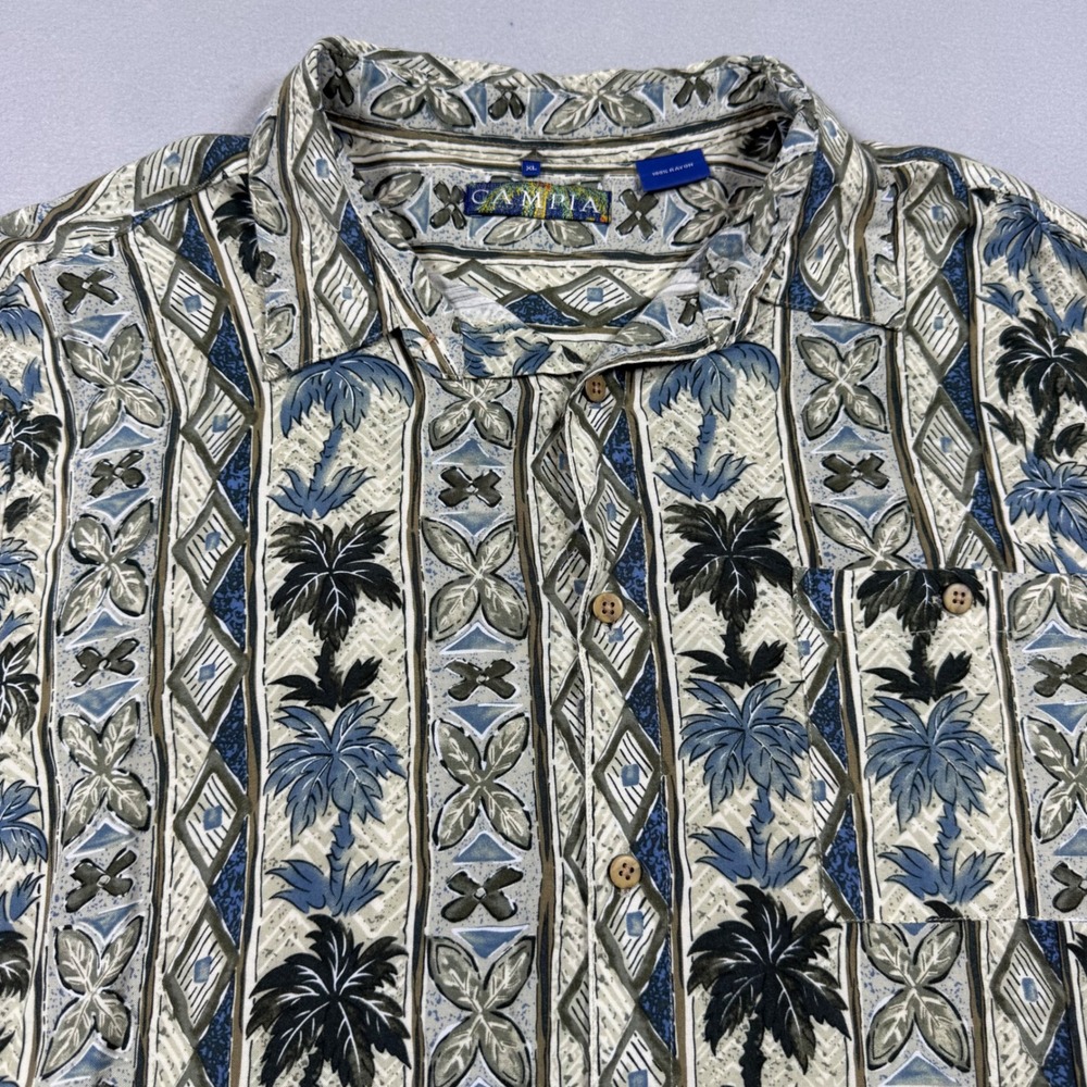 Campia Mens XL Short Sleeve Button Down Shirt‎ Tropical Palm Tree Blue Tan Print